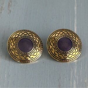 Retro Gold Tone & Purple Enamel Vintage Pierced Earrings Awesome!